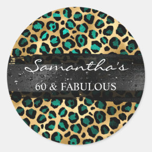Pegatina Redonda Leopardo de lámina dorada y turquesa 60 & Fabuloso