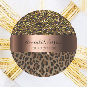 Pegatina Redonda Leopardo negro confetti glam nombre texto