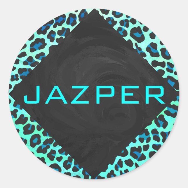 Pegatina Redonda Leopardo negro e impresión Verde azulada (Anverso)