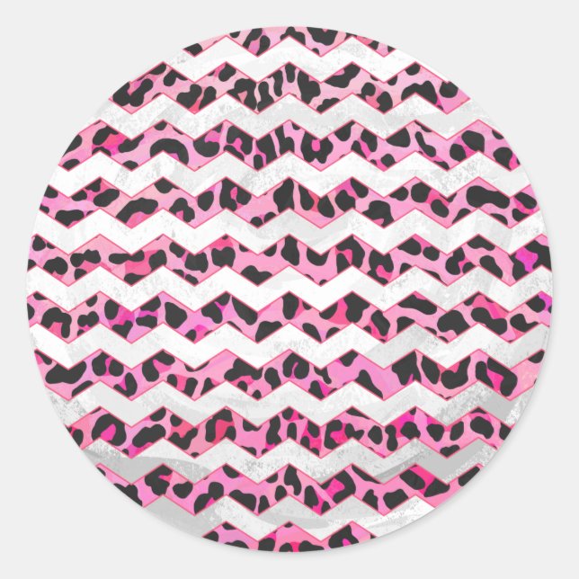 Pegatina Redonda Leopardo Negro y Chevron Hot Pink Print (Anverso)