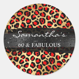 Pegatina Redonda Leopardo rojo y Relieve metalizado dorado 60 y fab