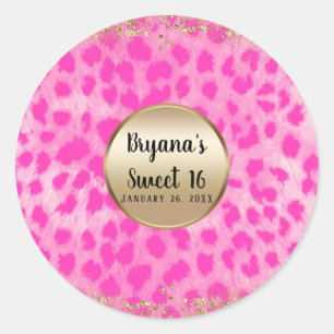 Pegatina Redonda Leopardo Rosa Estampado Glitter Dorado Monograma