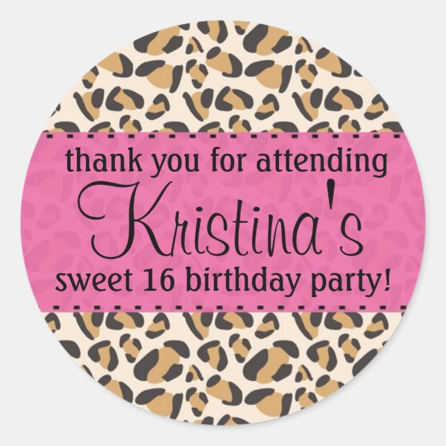 Pegatina Redonda Leopardo y rosa caliente (Anverso)