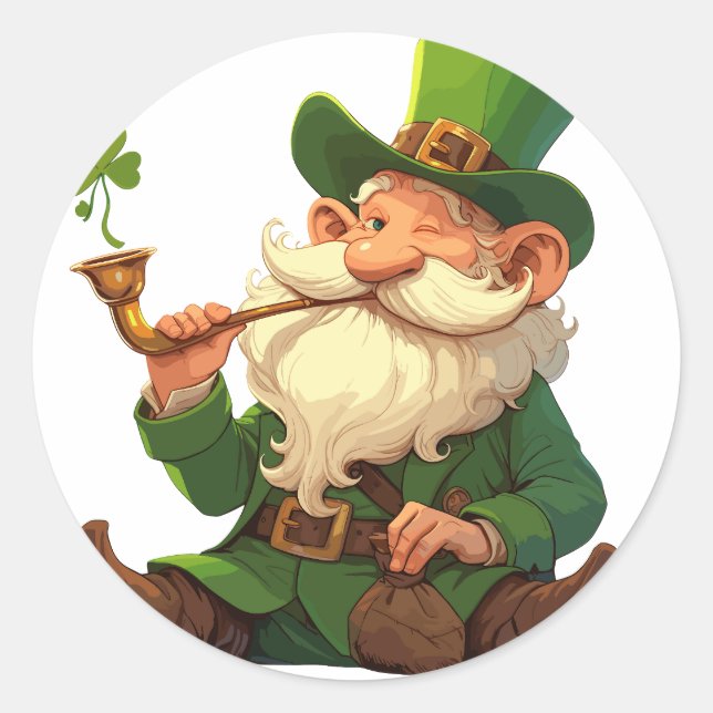 Pegatina Redonda Leprechaun Creando Mágica De Clover (Anverso)