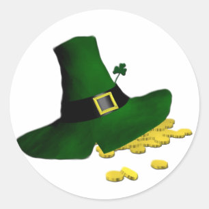 Pegatina Redonda Leprechaun Gorra Lucky Gold Coins Shamrock Luck