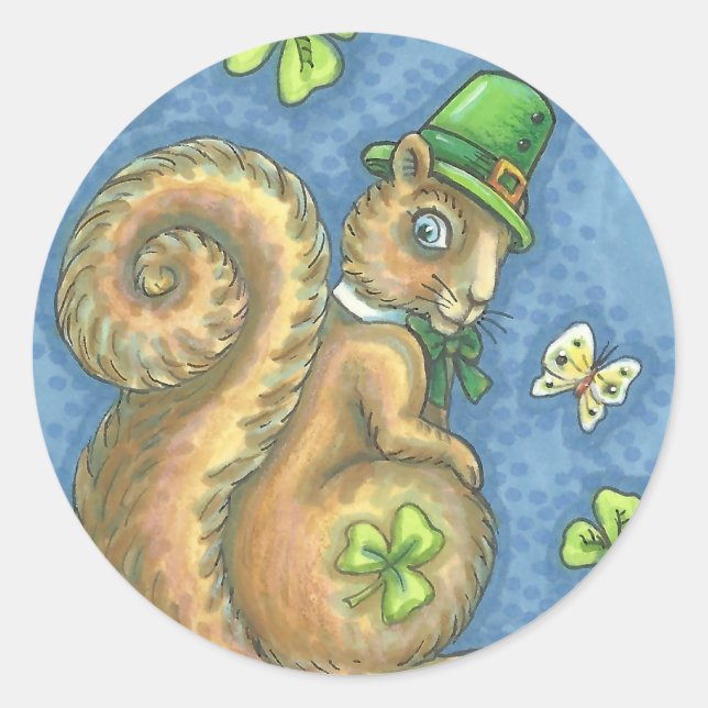 PEGATINA REDONDA LEPRECHAUN IRISH SQUIRREL, PEGATINAS DE SUERTE (Anverso)