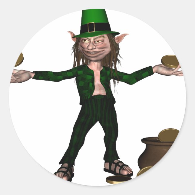 Pegatina Redonda Leprechaun irlandés con monedas y una olla de oro (Anverso)