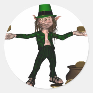 Pegatina Redonda Leprechaun irlandés con monedas y una olla de oro