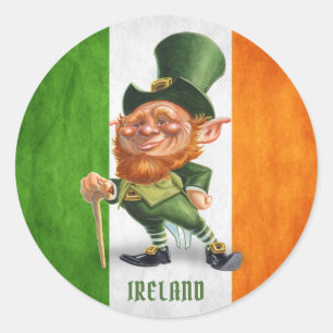 PEGATINA REDONDA LEPRECHAUN IRLANDÉS DE LA BANDERA
