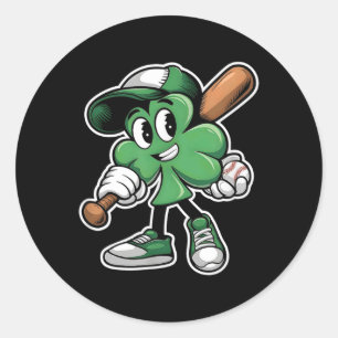 Pegatina Redonda Leprechaun Jugando Béisbol St Patricks Day Saint