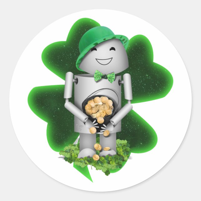 Pegatina Redonda Leprechaun Robot Día de San Patricio (Anverso)