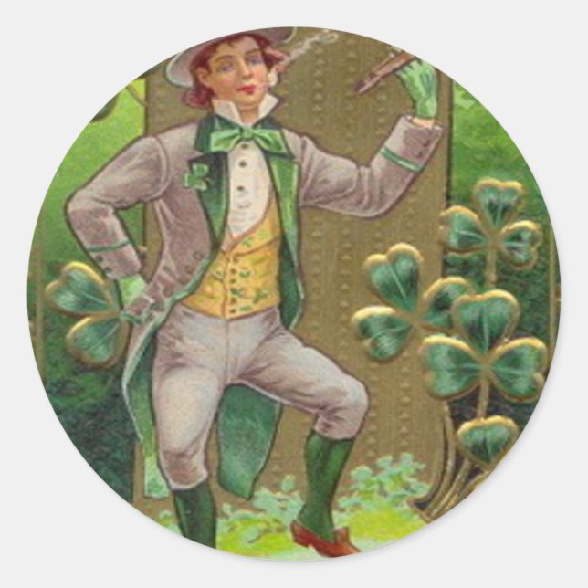 Pegatina Redonda Leprechaun Shamrock Shillelagh Clay Pipe (Anverso)