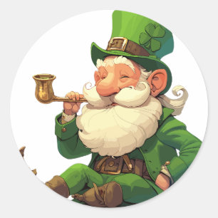 Pegatina Redonda Leprechaun sonriente con cuerda