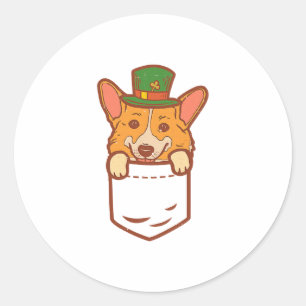 Pegatina Redonda Leprechaun Welsh Corgi Pocket St Patricks Day Masc