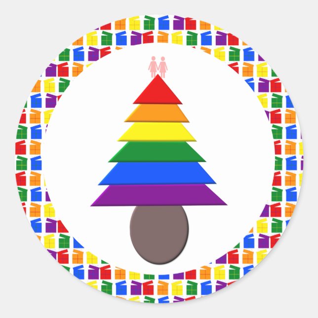 Pegatina Redonda Lesbianas arcoiris Árbol y regalo de Navidad (Anverso)