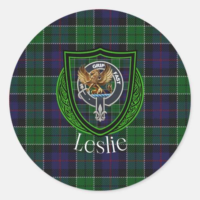 Pegatina Redonda Leslie Scottish Clan Tartan & Crest (Anverso)