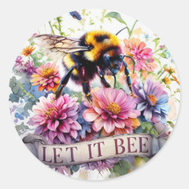 Pegatina Redonda Let It Bee – Aquarela Abejorro Primavera Floral