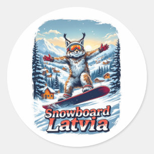 Pegatina Redonda Letonia: Lluvia De Snowboard En Winter Wonderland