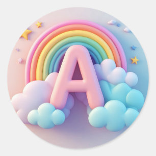 Pegatina Redonda 🧸 Letra A de Guardería Infantil Arcoíris Nubes Pa