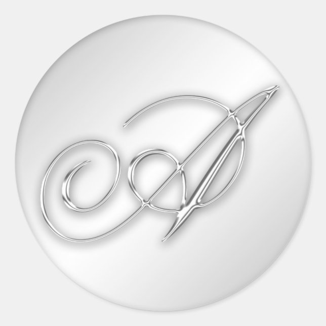 Pegatina Redonda Letra A script inicial faux silver monogram favor (Anverso)