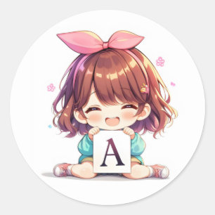 Pegatina Redonda Letra A Sonrisa Lindo Anime Chica