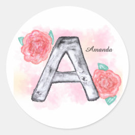 Pegatina Redonda Letra acuarela floral a
