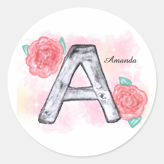 Pegatina Redonda Letra acuarela floral a