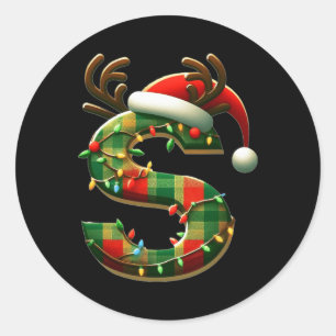 Pegatina Redonda Letra alumbólica S Santa Hat Monograma Nombre inic