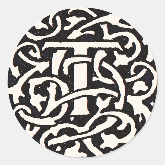 Pegatina Redonda Letra Art Nouveau T de Monograma Antiguo (Anverso)