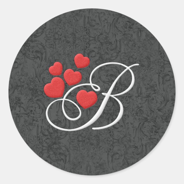 Pegatina Redonda Letra B de corazones elegantes (Anverso)