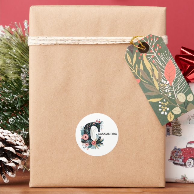 Pegatina Redonda Letra botánica floral monograma C personalizable (Vacaciones)