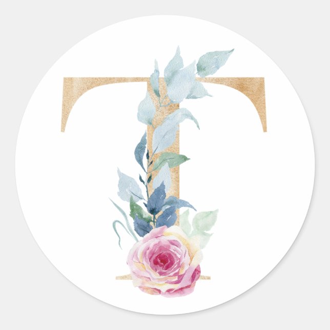 Pegatina Redonda Letra color agua T con rosas (Anverso)