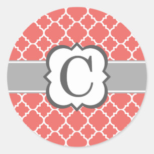 Pegatina Redonda Letra coral blanca monograma C Quatrefoil