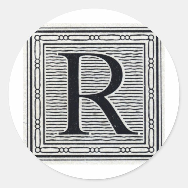 Pegatina Redonda Letra de bloque "R" Woodcut Woodblock Inital (Anverso)