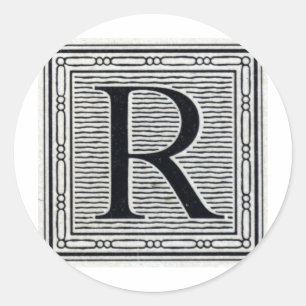 Pegatina Redonda Letra de bloque "R" Woodcut Woodblock Inital