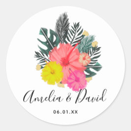 Pegatina Redonda Letra de bodas de Hawaii dibujada a mano tropical 