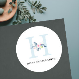 PEGATINA REDONDA LETRA DE NOMBRE DE ALFABETAS DE FLORES AZULES RUBO