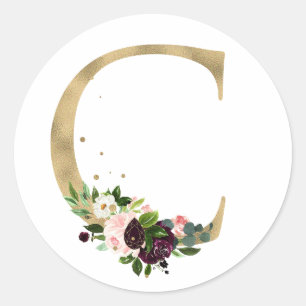 Pegatina Redonda Letra dorada MONOGRAMM flores boho burgundy