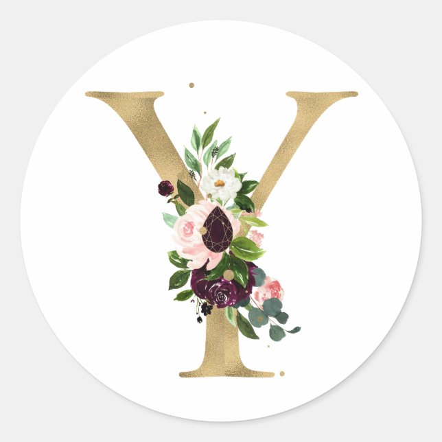 Pegatina Redonda Letra dorada MONOGRAMM flores boho burgundy Cla (Anverso)