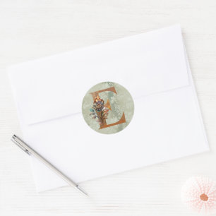 Pegatina Redonda Letra E Floral Steampunk Vintage
