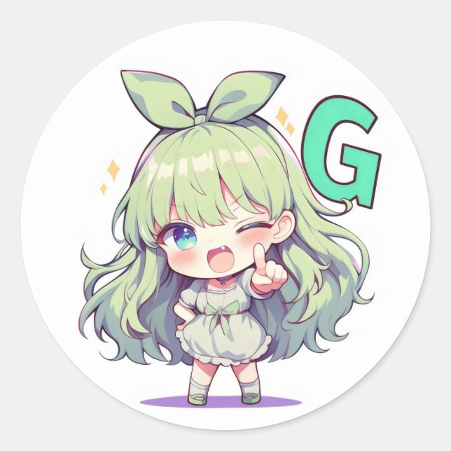 Pegatina Redonda Letra G Chibi Anime Chica (Anverso)