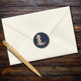 Pegatina Redonda Letra Gold L Navy Elegant Monograma Floral