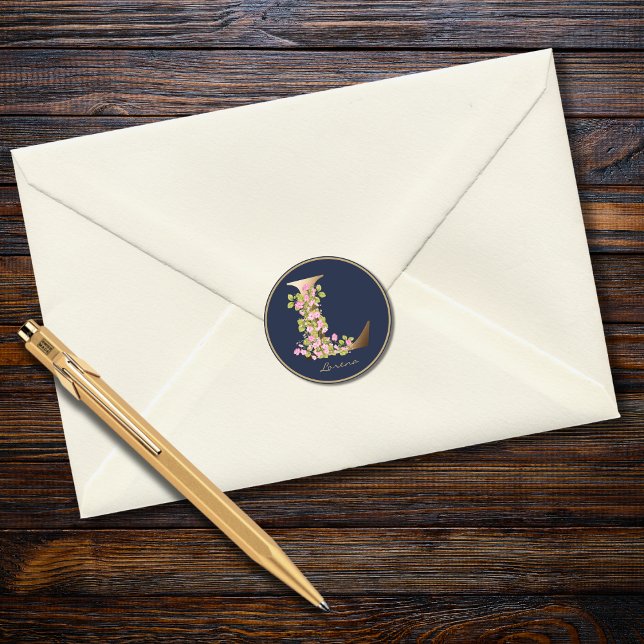Pegatina Redonda Letra Gold L Navy Elegant Monograma Floral (Subido por el creador)