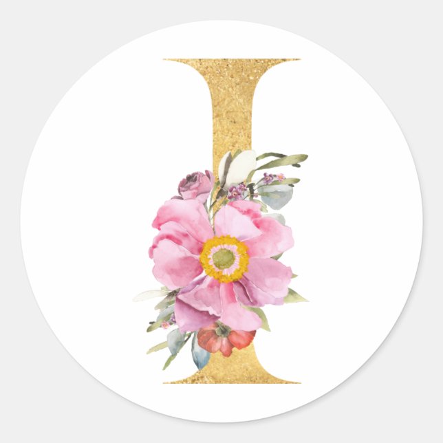 Pegatina Redonda Letra Gold MONOGRAM I con flores (Anverso)