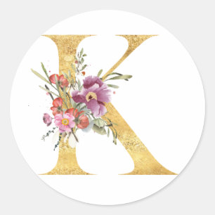 Pegatina Redonda Letra Gold MONOGRAM K con flores