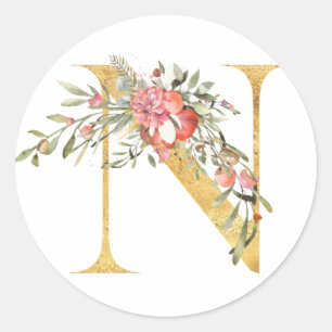 Pegatina Redonda Letra Gold MONOGRAM N con flor