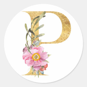 Pegatina Redonda Letra Gold MONOGRAM P con flor