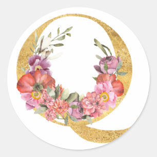 Pegatina Redonda Letra Gold MONOGRAM Q con flor