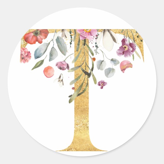 Pegatina Redonda Letra Gold MONOGRAM T con flor (Anverso)