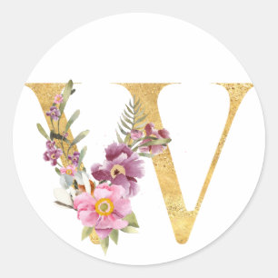 Pegatina Redonda Letra Gold MONOGRAM W con flor